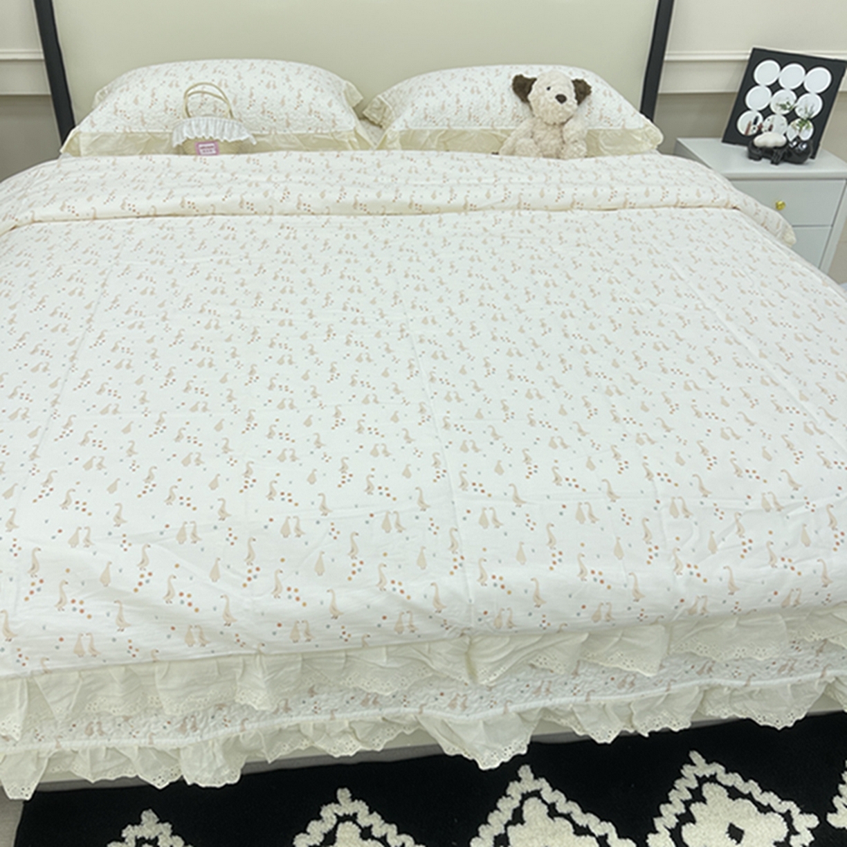 91家纺网 家纺一手货源 找家纺 禧瑞谷 2026新款法式纯棉床盖韩版花边床盖三件套四件套 可爱鹅