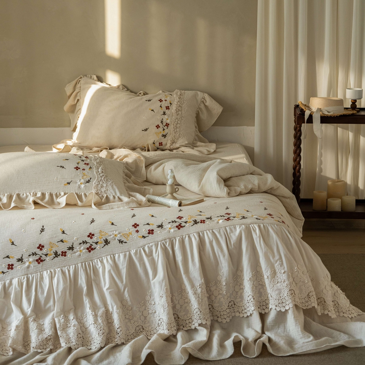 觅糖家纺 2026春夏新款棉麻皱皱纱布毛巾绣四件套-清欢系列 清欢-米