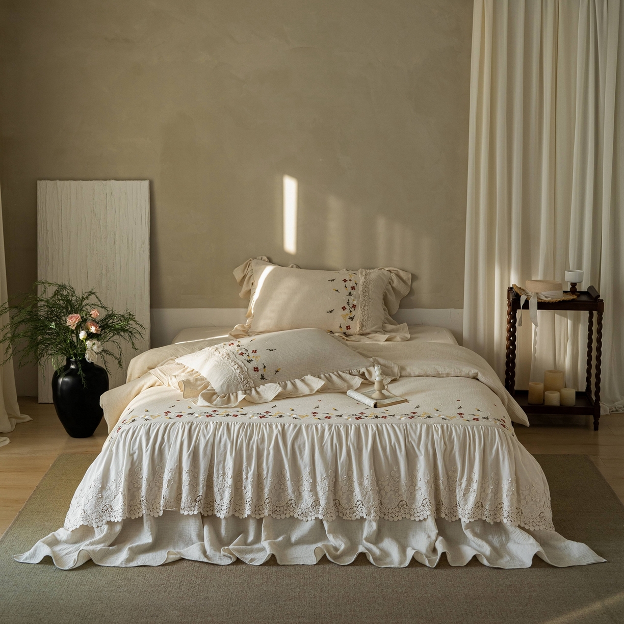 91家纺网 家纺一手货源 找家纺 觅糖家纺 2026春夏新款棉麻皱皱纱布毛巾绣四件套-清欢系列 清欢-米