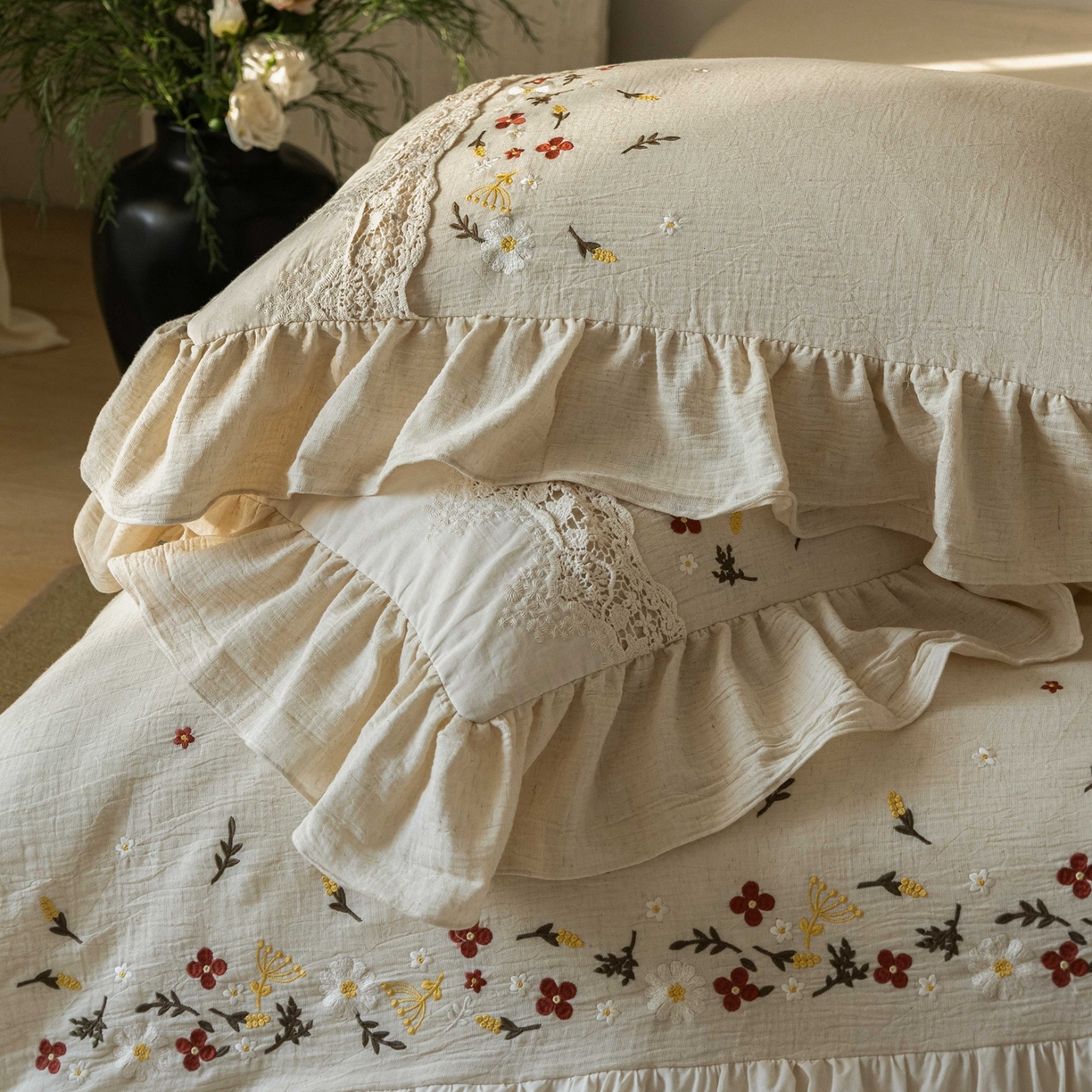 91家纺网 家纺一手货源 找家纺 觅糖家纺 2026春夏新款棉麻皱皱纱布毛巾绣四件套-清欢系列 清欢-米