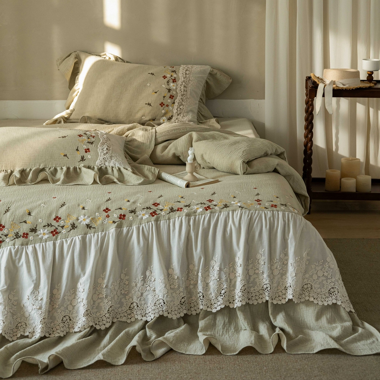 觅糖家纺 2026春夏新款棉麻皱皱纱布毛巾绣四件套-清欢系列 清欢-绿