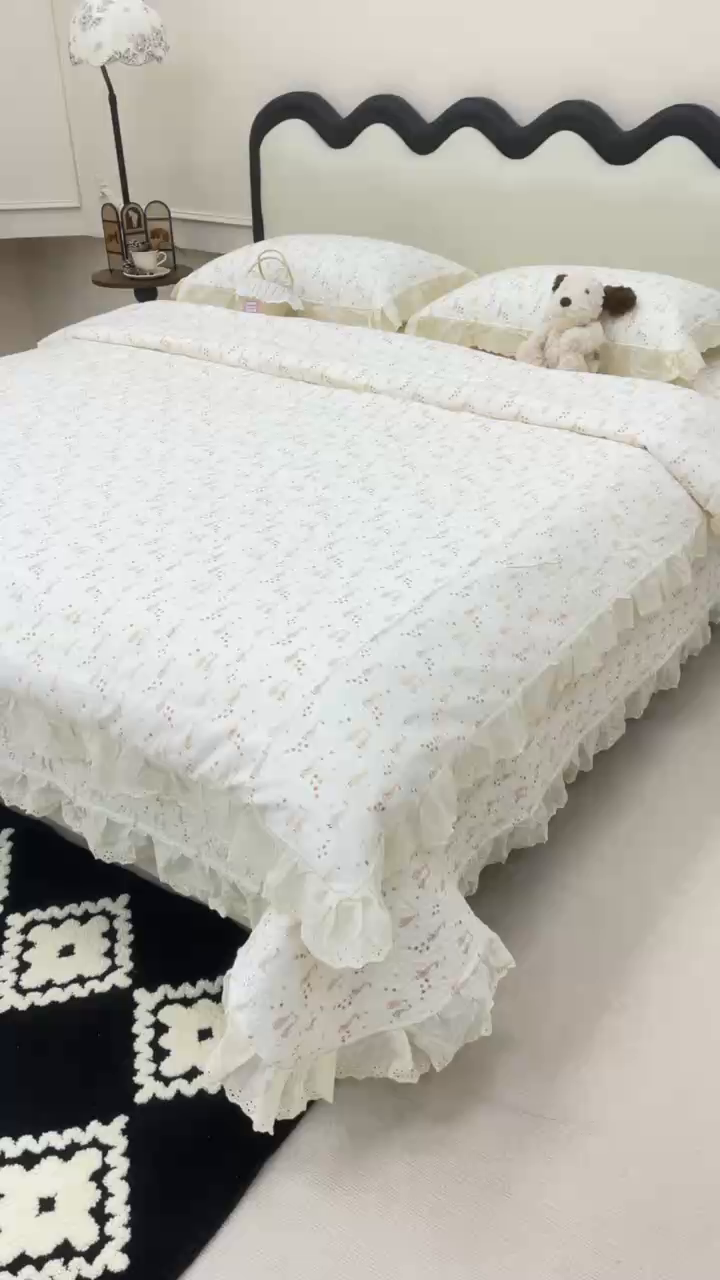 91家纺网 家纺一手货源 找家纺 禧瑞谷 2026新款法式纯棉床盖韩版花边床盖三件套四件套 可爱鹅