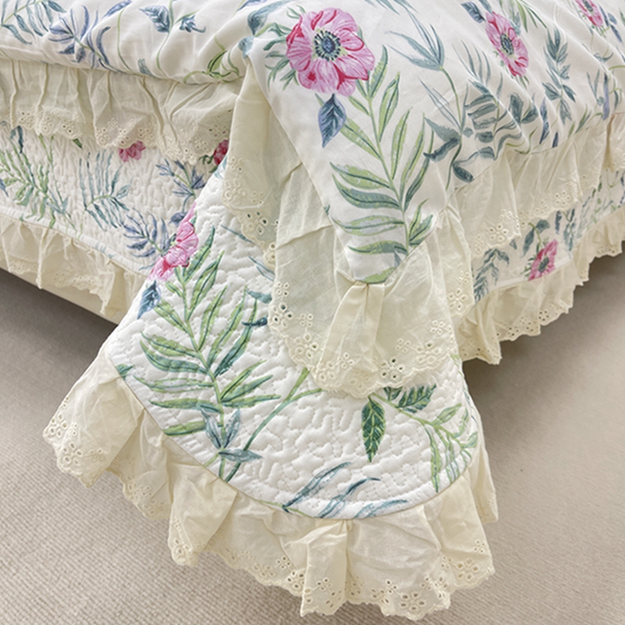 91家纺网 家纺一手货源 找家纺 禧瑞谷 2026新款法式纯棉床盖韩版花边床盖三件套四件套 林间花叙