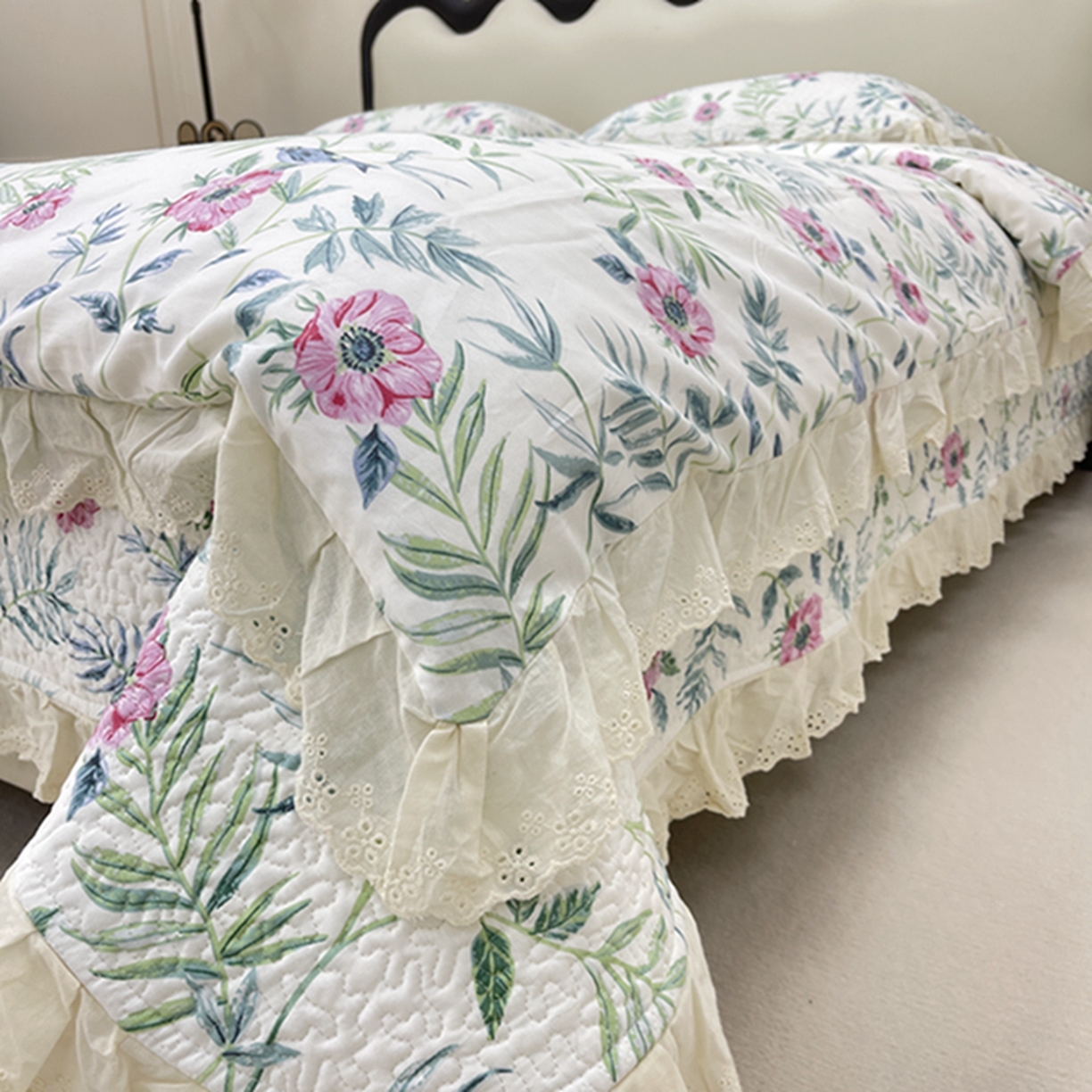 91家纺网 家纺一手货源 找家纺 禧瑞谷 2026新款法式纯棉床盖韩版花边床盖三件套四件套 林间花叙