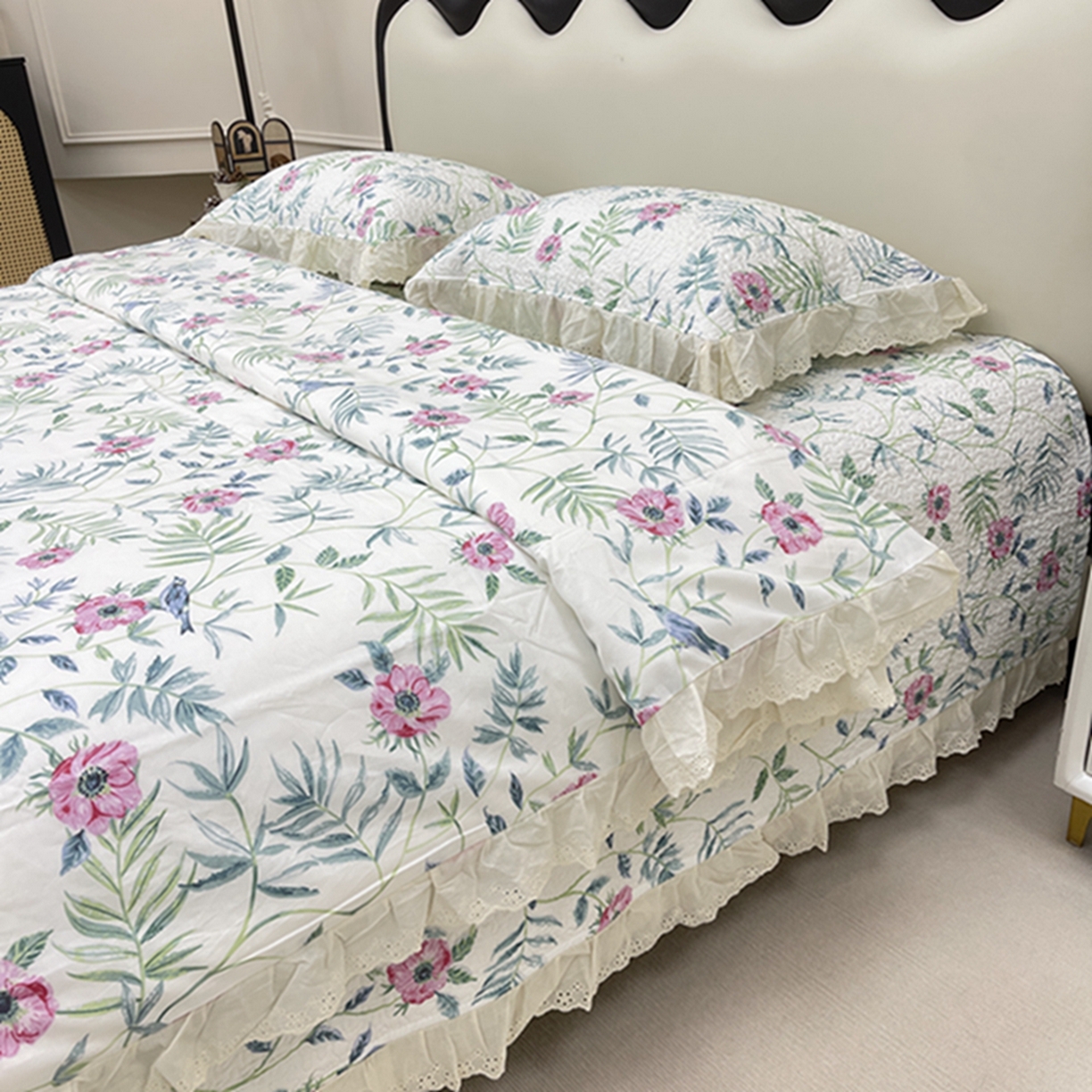 91家纺网 家纺一手货源 找家纺 禧瑞谷 2026新款法式纯棉床盖韩版花边床盖三件套四件套 林间花叙