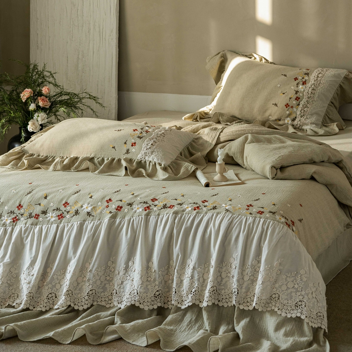 91家纺网 家纺一手货源 找家纺 觅糖家纺 2026春夏新款棉麻皱皱纱布毛巾绣四件套-清欢系列 清欢-绿