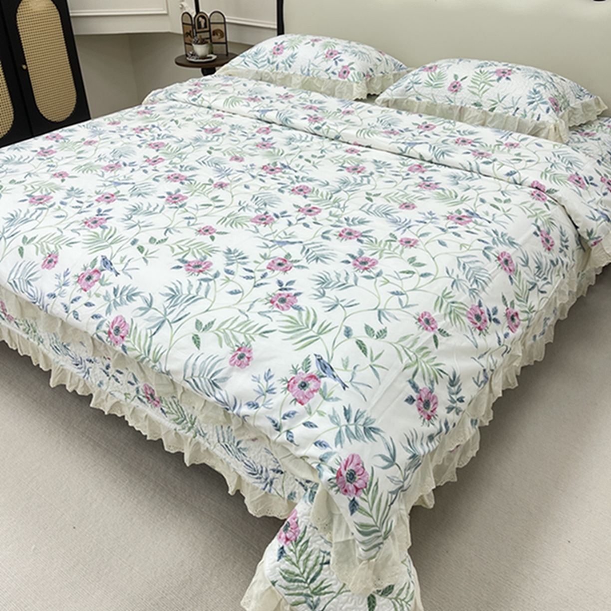 91家纺网 家纺一手货源 找家纺 禧瑞谷 2026新款法式纯棉床盖韩版花边床盖三件套四件套 林间花叙