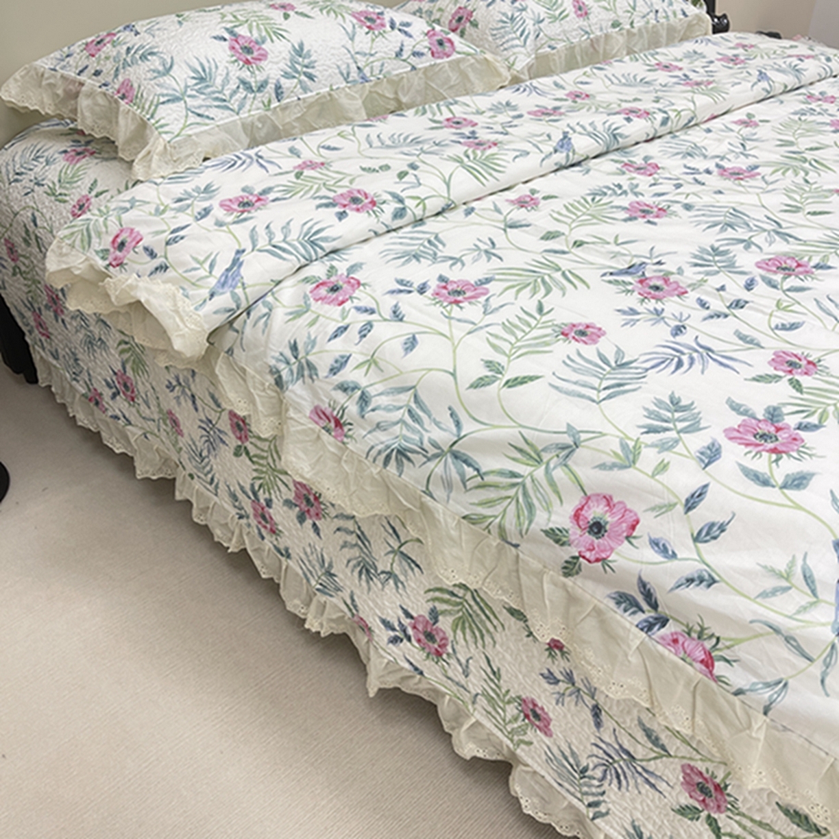 91家纺网 家纺一手货源 找家纺 禧瑞谷 2026新款法式纯棉床盖韩版花边床盖三件套四件套 林间花叙