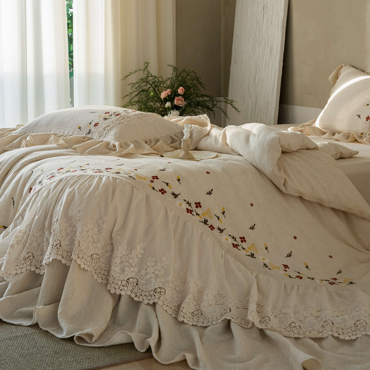 91家纺网 家纺一手货源 找家纺 觅糖家纺 2026春夏新款棉麻皱皱纱布毛巾绣四件套-清欢系列 清欢-米