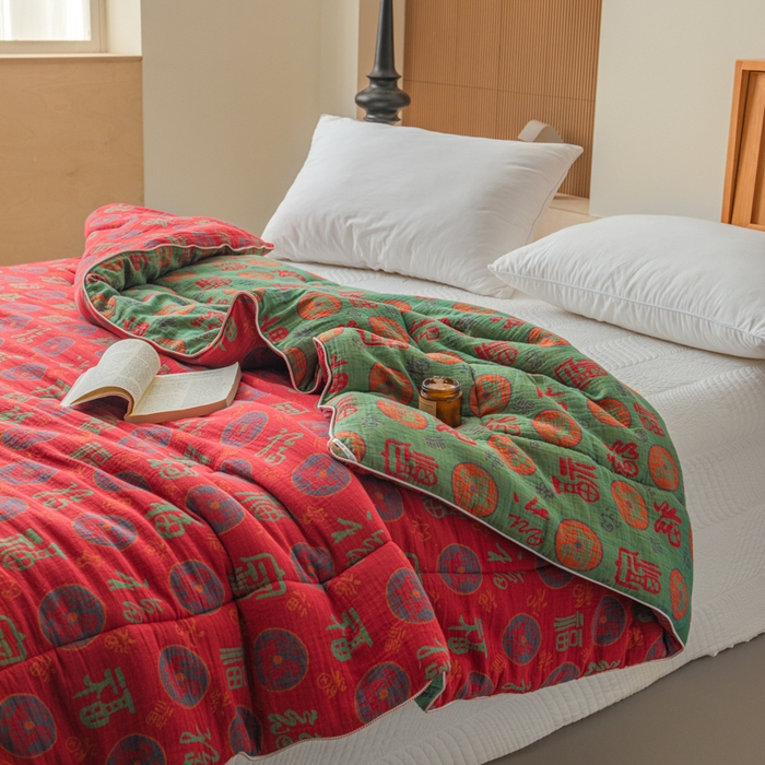 91家纺网 家纺一手货源 找家纺 睡棉坊 2026新款全棉色织提花双层纱夏被夏凉被空调被 百福