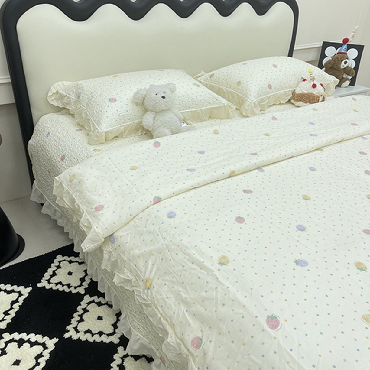 91家纺网 家纺一手货源 找家纺 禧瑞谷 2026新款法式纯棉床盖韩版花边床盖三件套四件套 莓果点点