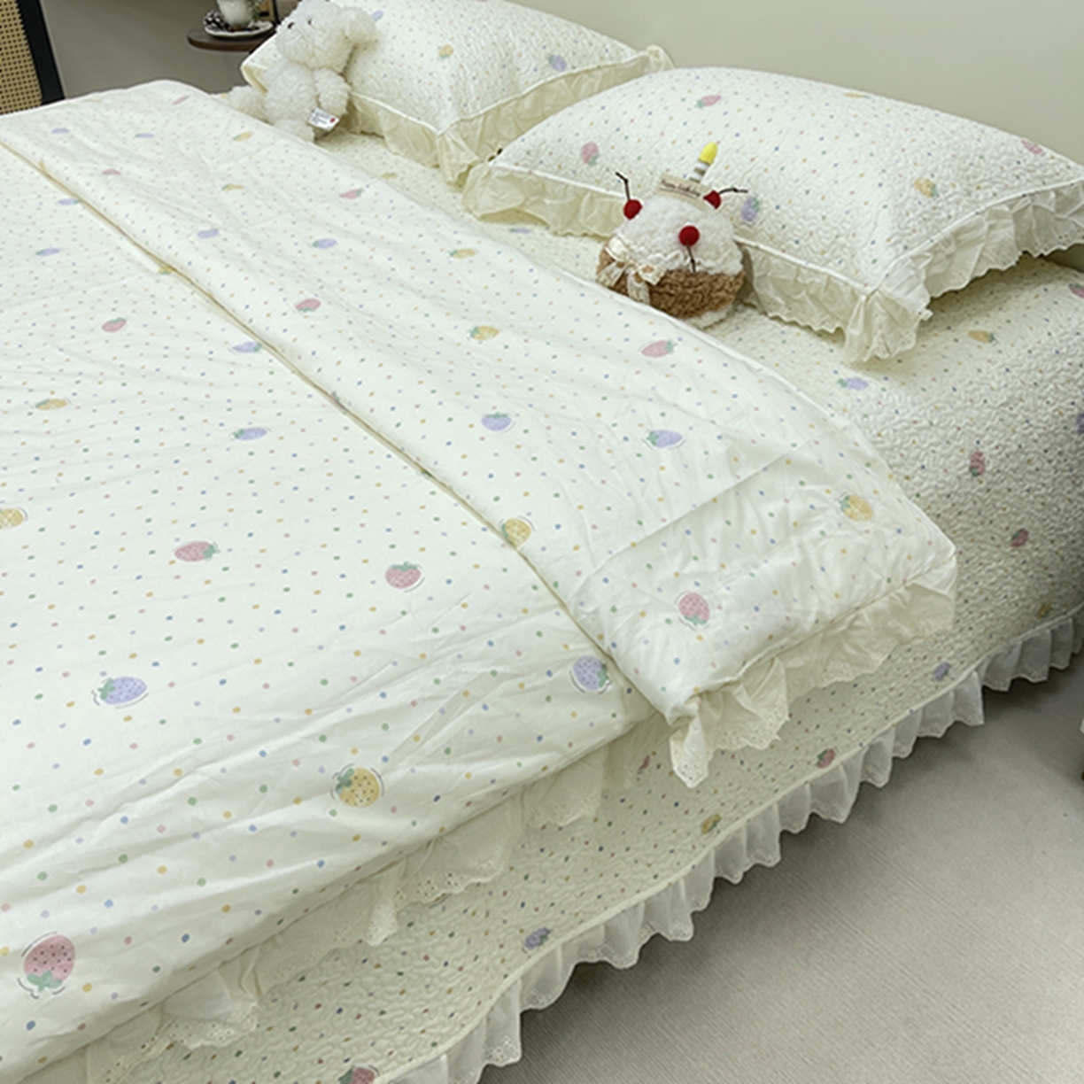 91家纺网 家纺一手货源 找家纺 禧瑞谷 2026新款法式纯棉床盖韩版花边床盖三件套四件套 莓果点点