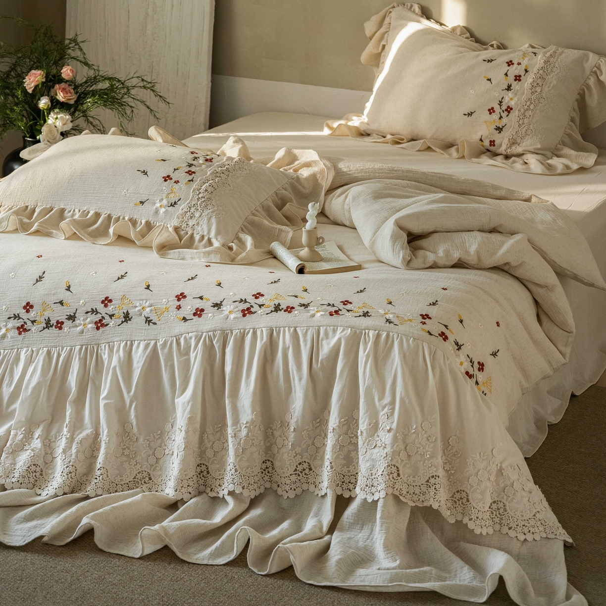 91家纺网 家纺一手货源 找家纺 觅糖家纺 2026春夏新款棉麻皱皱纱布毛巾绣四件套-清欢系列 清欢-米