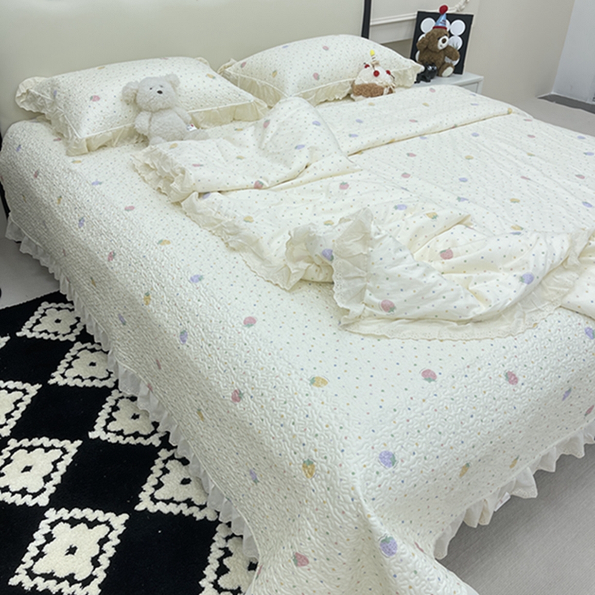 91家纺网 家纺一手货源 找家纺 禧瑞谷 2026新款法式纯棉床盖韩版花边床盖三件套四件套 莓果点点