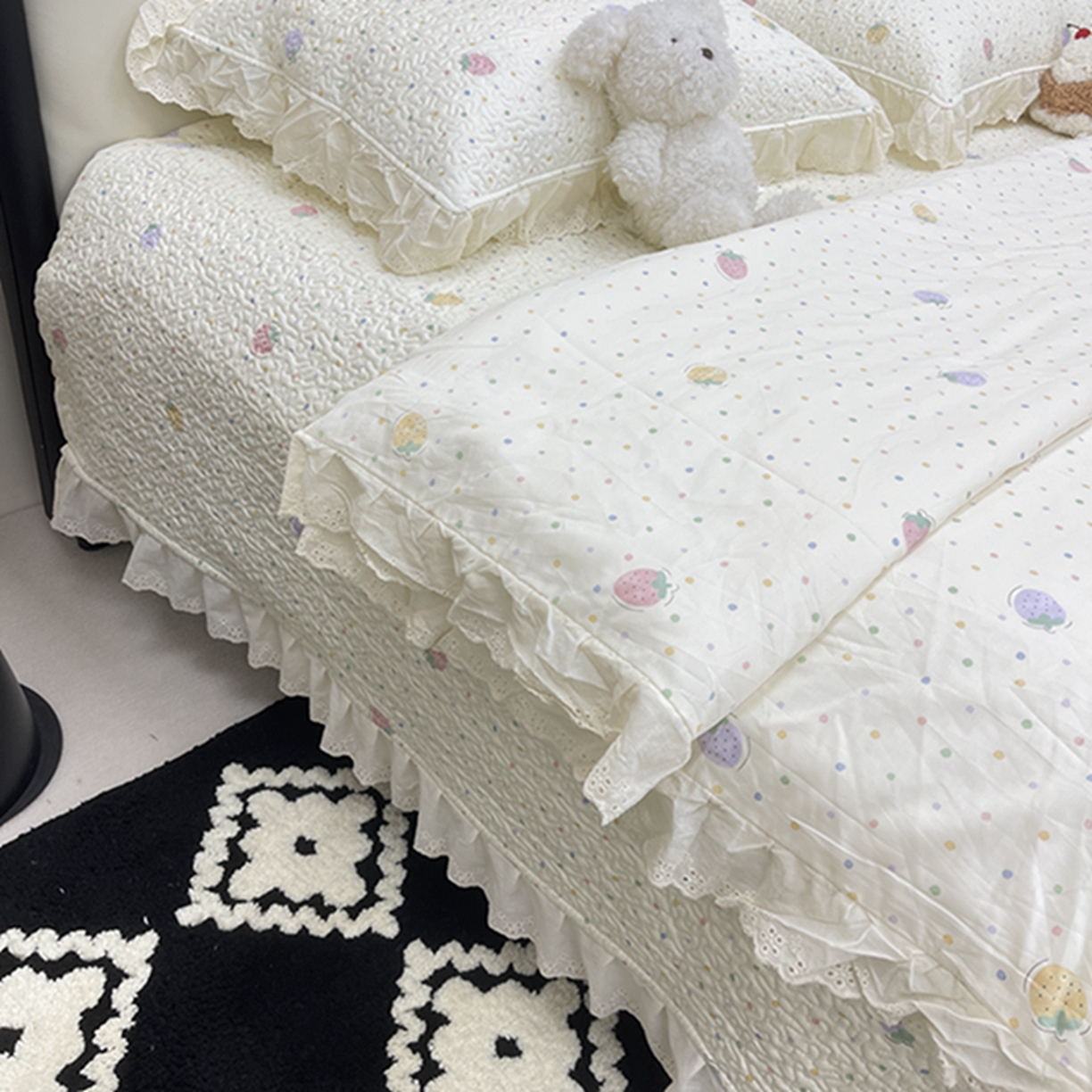 91家纺网 家纺一手货源 找家纺 禧瑞谷 2026新款法式纯棉床盖韩版花边床盖三件套四件套 莓果点点