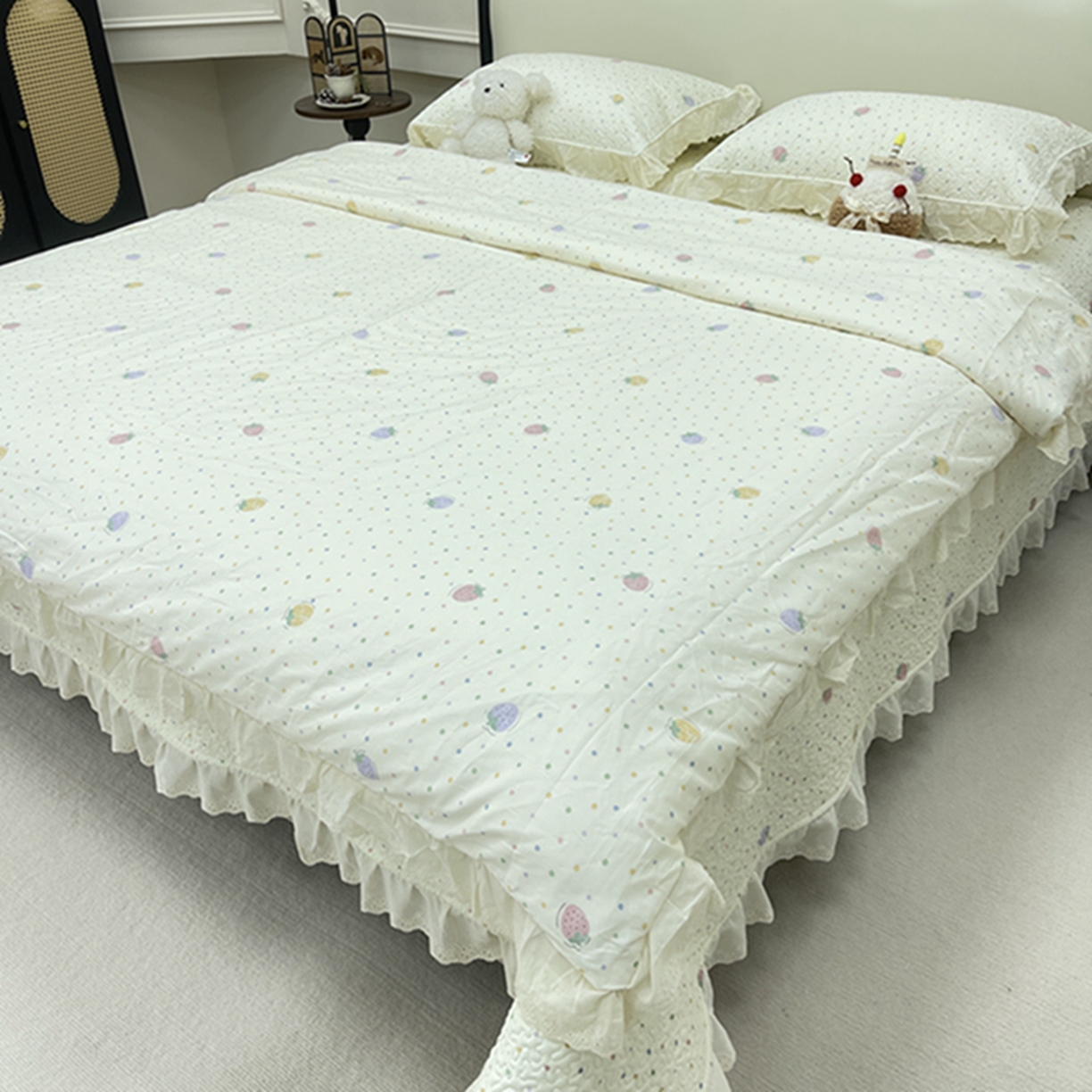 91家纺网 家纺一手货源 找家纺 禧瑞谷 2026新款法式纯棉床盖韩版花边床盖三件套四件套 莓果点点