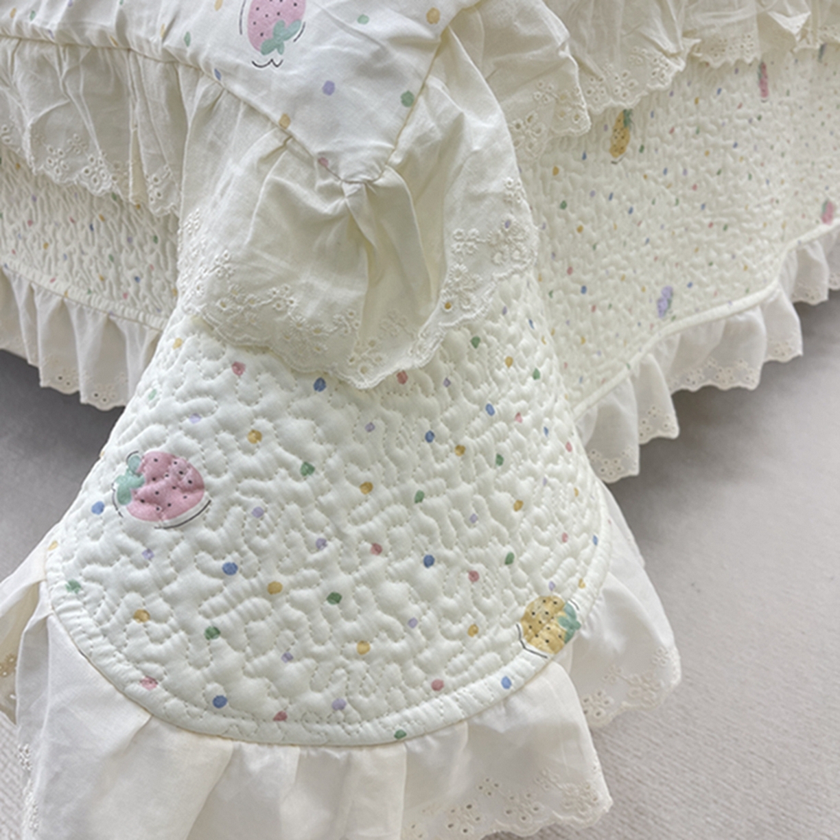 91家纺网 家纺一手货源 找家纺 禧瑞谷 2026新款法式纯棉床盖韩版花边床盖三件套四件套 莓果点点