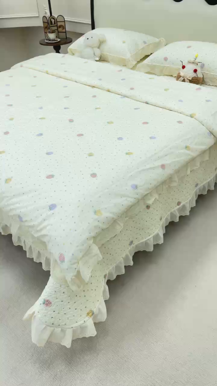 91家纺网 家纺一手货源 找家纺 禧瑞谷 2026新款法式纯棉床盖韩版花边床盖三件套四件套 莓果点点