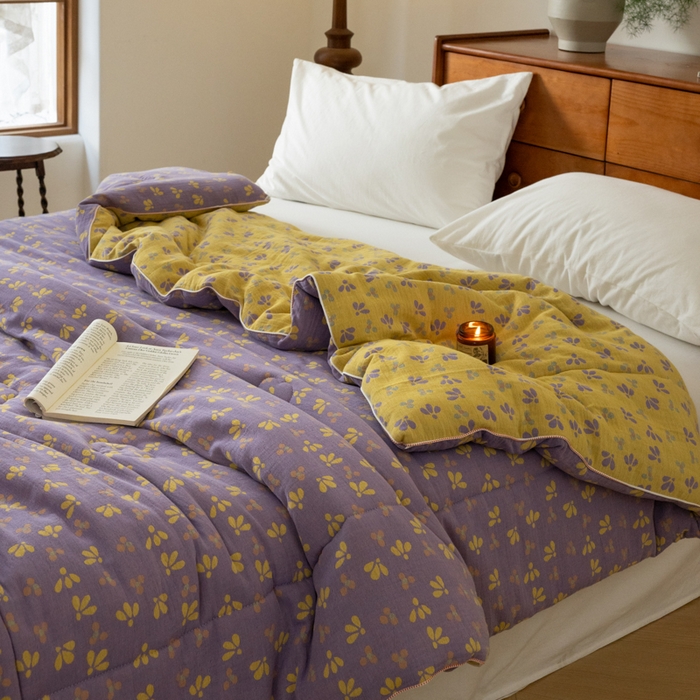 91家纺网 家纺一手货源 找家纺 睡棉坊 2026新款全棉色织提花双层纱夏被夏凉被空调被 诗画-紫