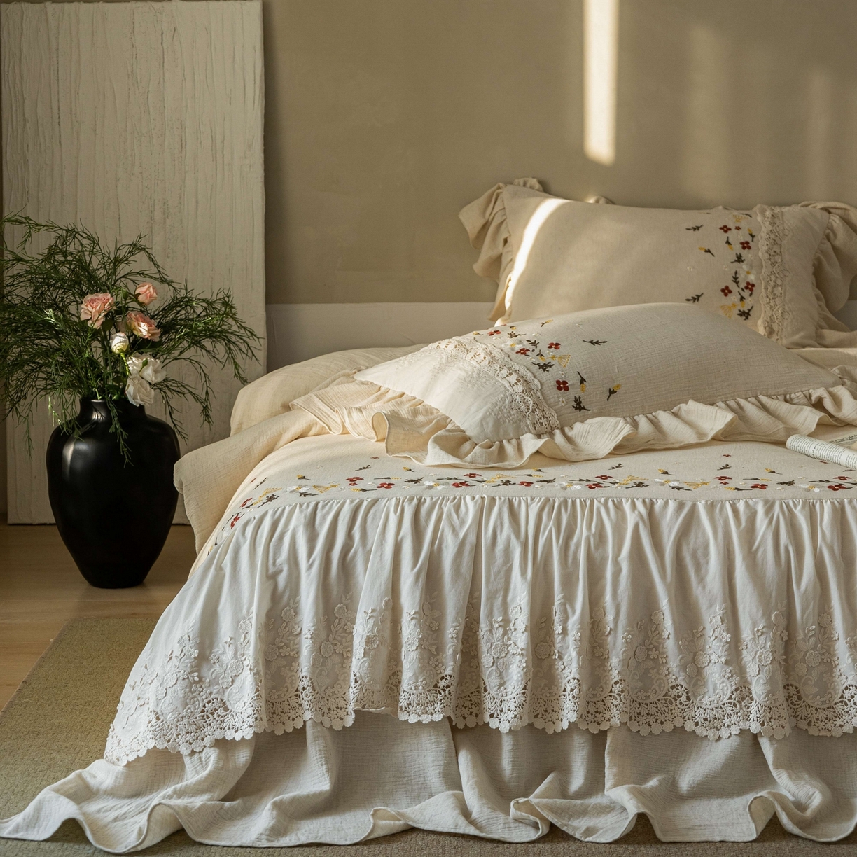 91家纺网 家纺一手货源 找家纺 觅糖家纺 2026春夏新款棉麻皱皱纱布毛巾绣四件套-清欢系列 清欢-米