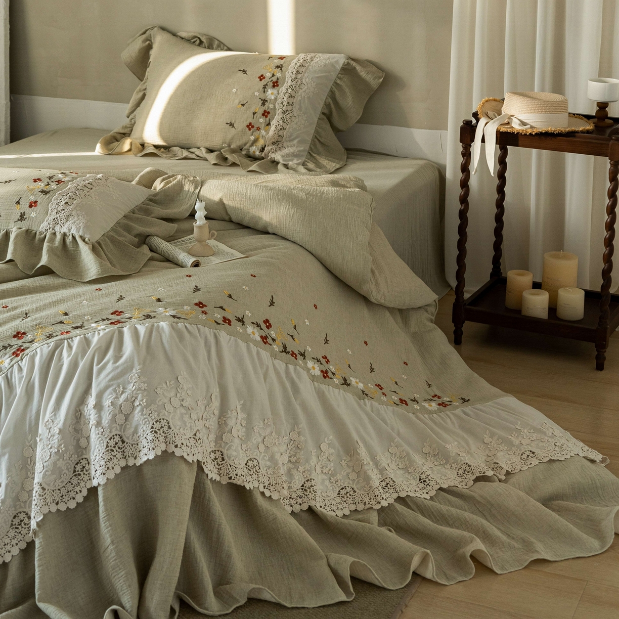 91家纺网 家纺一手货源 找家纺 （总）觅糖家纺 2026春夏新款棉麻皱皱纱布毛巾绣四件套-清欢系列