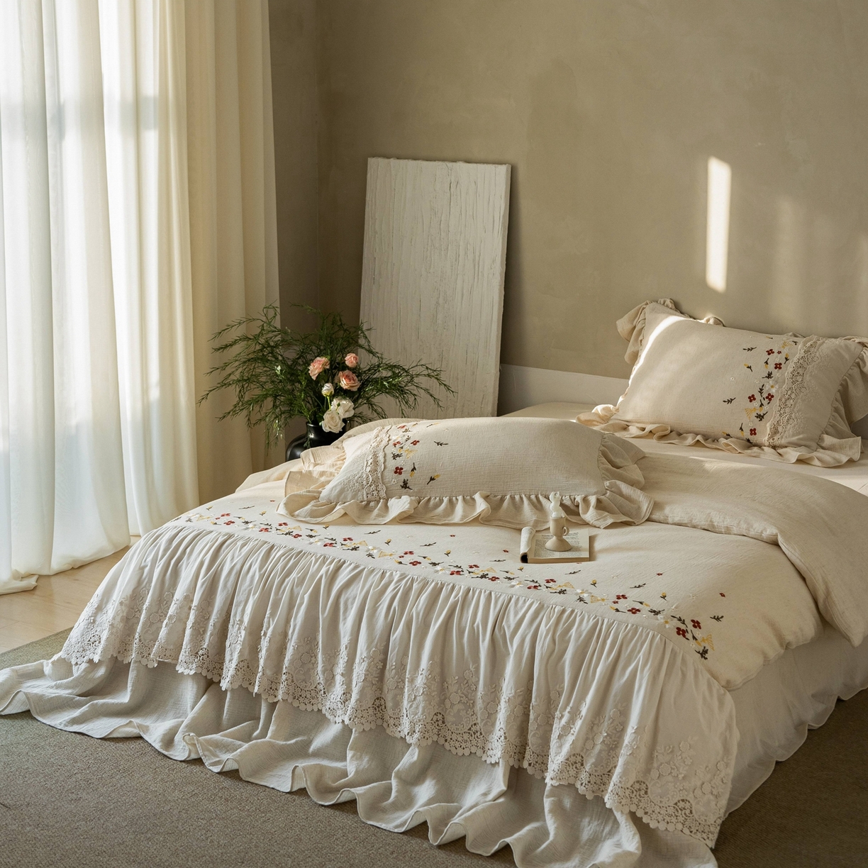 91家纺网 家纺一手货源 找家纺 觅糖家纺 2026春夏新款棉麻皱皱纱布毛巾绣四件套-清欢系列 清欢-米