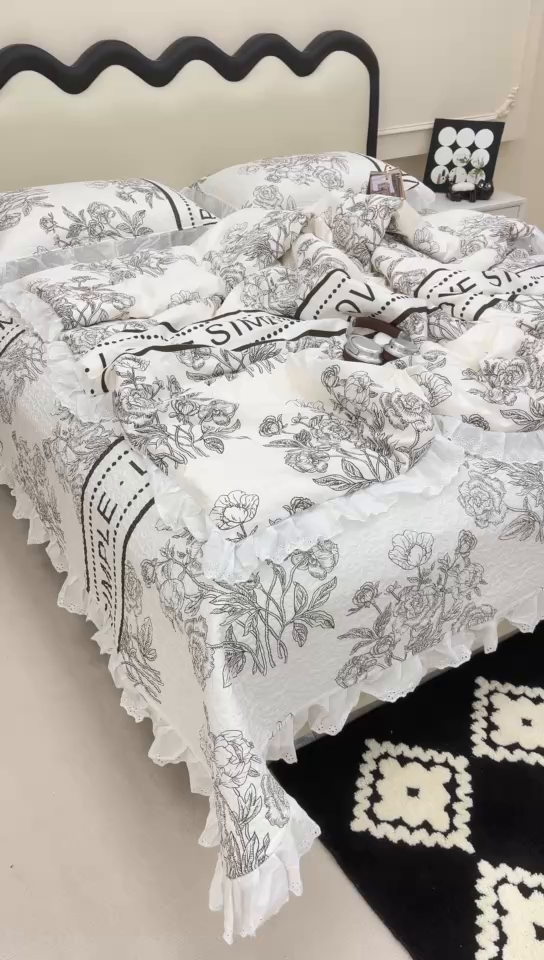 91家纺网 家纺一手货源 找家纺 禧瑞谷 2026新款法式纯棉床盖韩版花边床盖三件套四件套 梦境