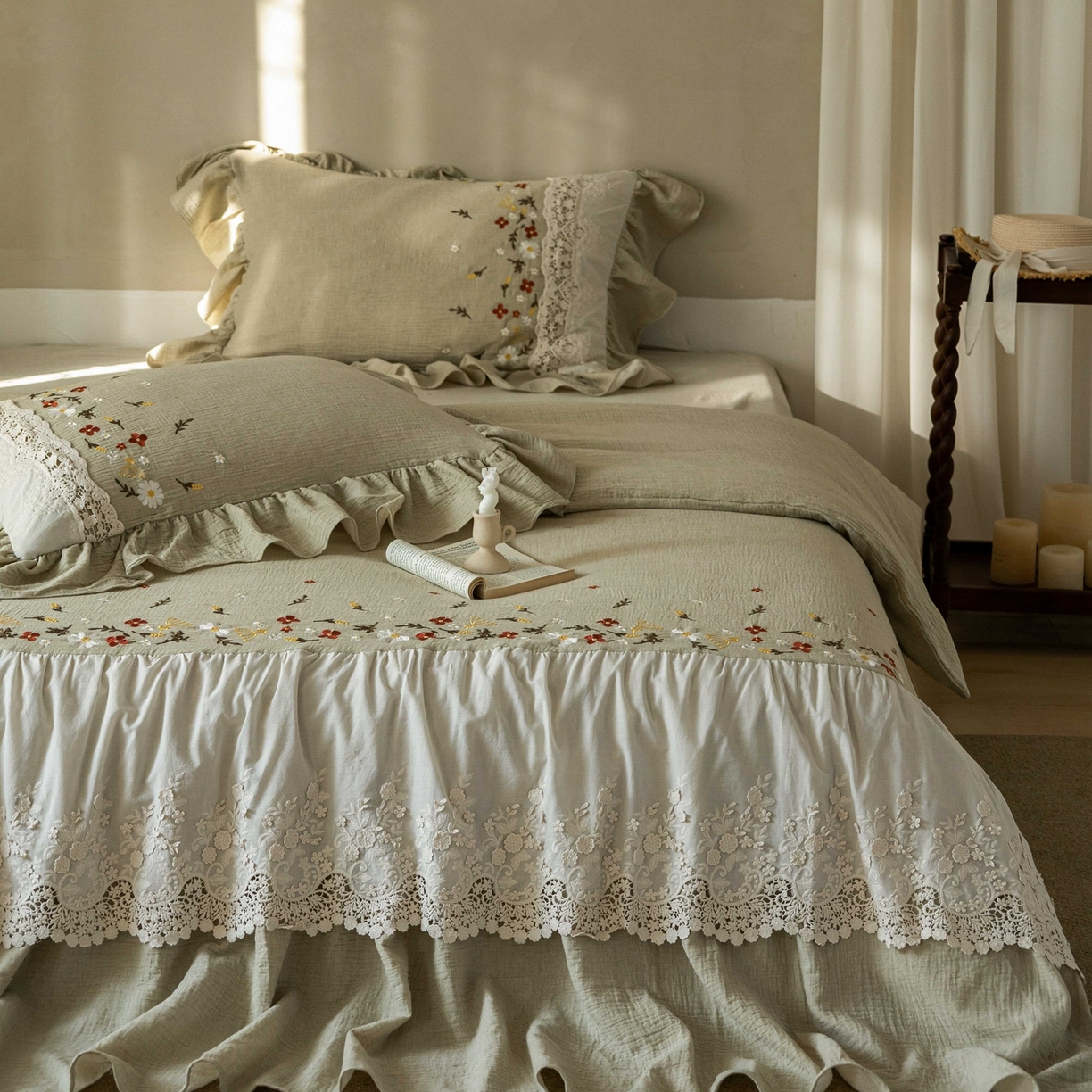 91家纺网 家纺一手货源 找家纺 觅糖家纺 2026春夏新款棉麻皱皱纱布毛巾绣四件套-清欢系列 清欢-绿