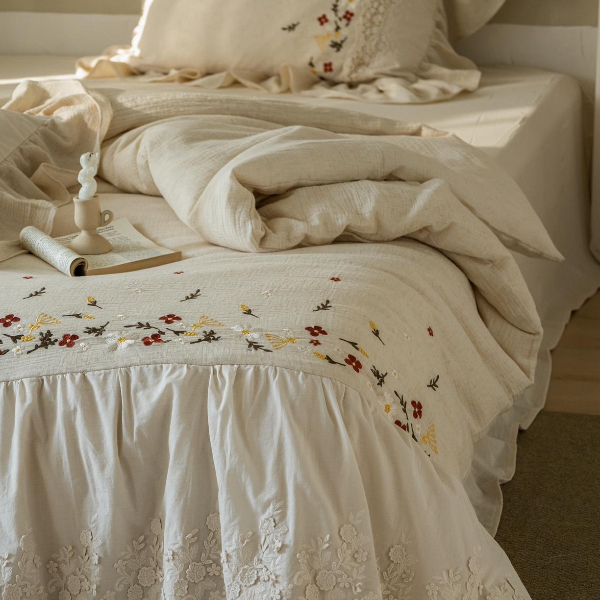 91家纺网 家纺一手货源 找家纺 觅糖家纺 2026春夏新款棉麻皱皱纱布毛巾绣四件套-清欢系列 清欢-米