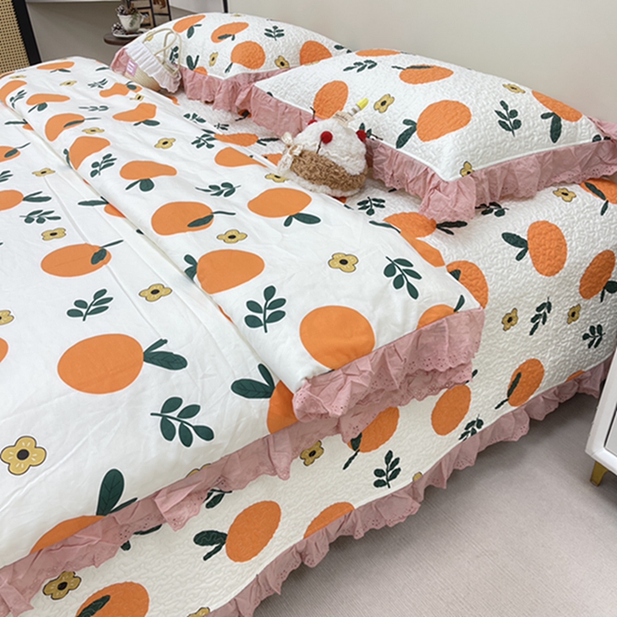 91家纺网 家纺一手货源 找家纺 禧瑞谷 2026新款法式纯棉床盖韩版花边床盖三件套四件套 蜜橘奶盖