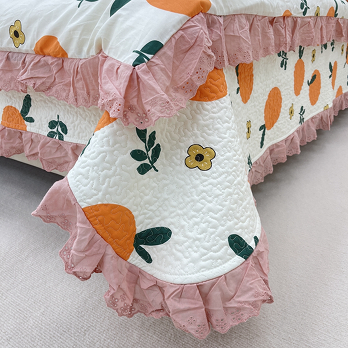 91家纺网 家纺一手货源 找家纺 禧瑞谷 2026新款法式纯棉床盖韩版花边床盖三件套四件套 蜜橘奶盖