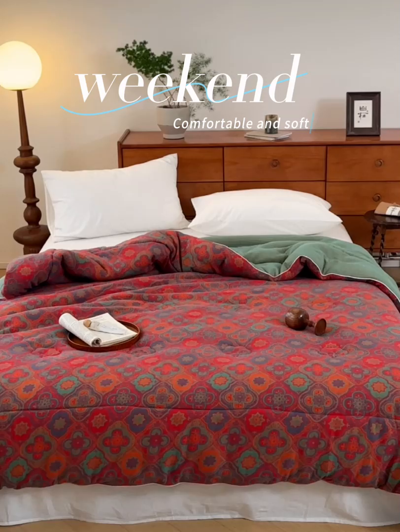 91家纺网 家纺一手货源 找家纺 睡棉坊 2026新款全棉色织提花双层纱夏被夏凉被空调被 百福