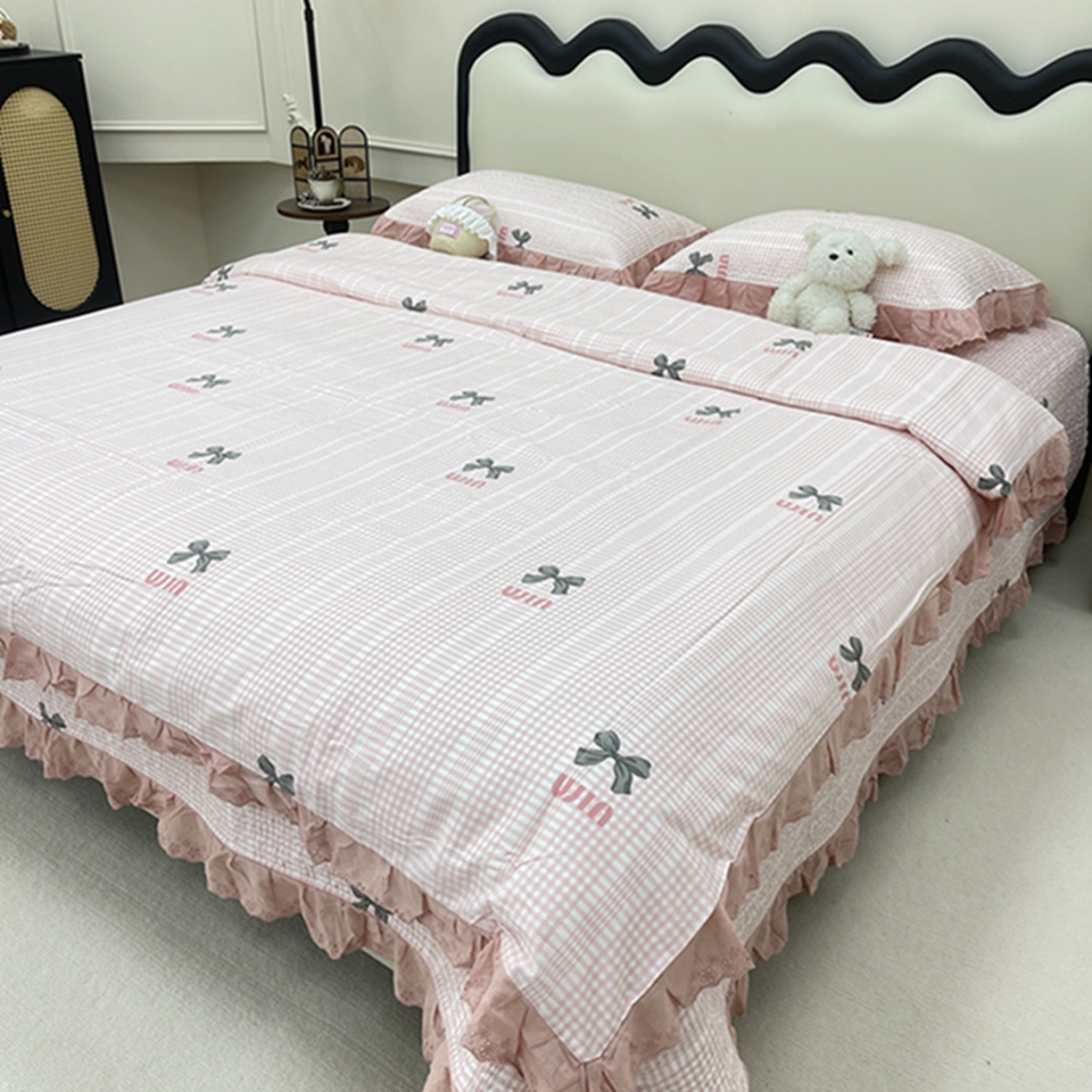 禧瑞谷 2026新款法式纯棉床盖韩版花边床盖三件套四件套 缪格子蝴蝶结