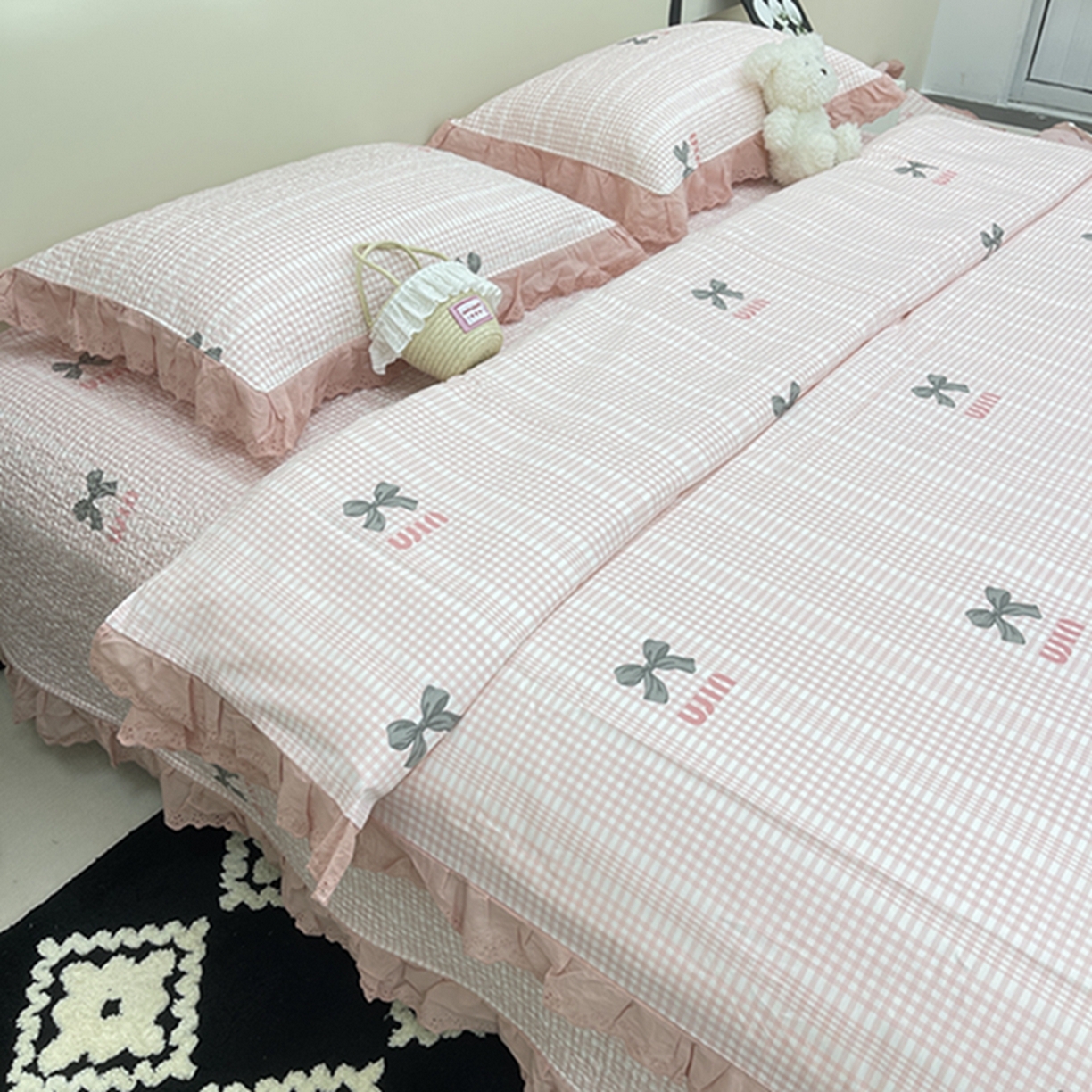 91家纺网 家纺一手货源 找家纺 禧瑞谷 2026新款法式纯棉床盖韩版花边床盖三件套四件套 缪格子蝴蝶结