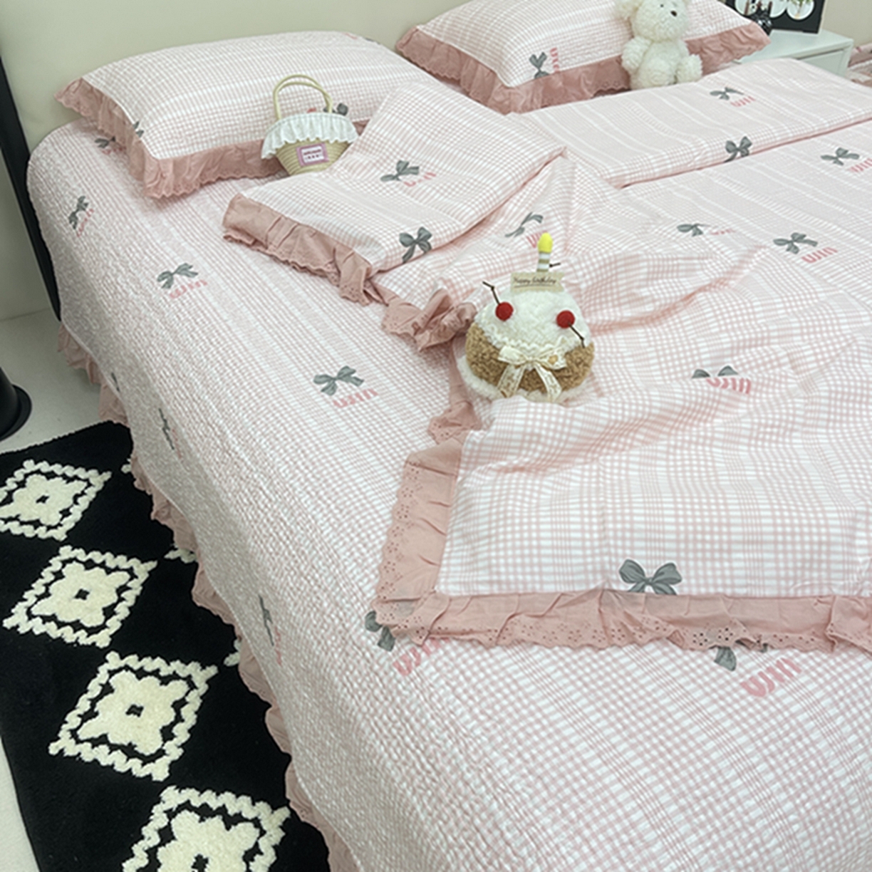 91家纺网 家纺一手货源 找家纺 禧瑞谷 2026新款法式纯棉床盖韩版花边床盖三件套四件套 缪格子蝴蝶结