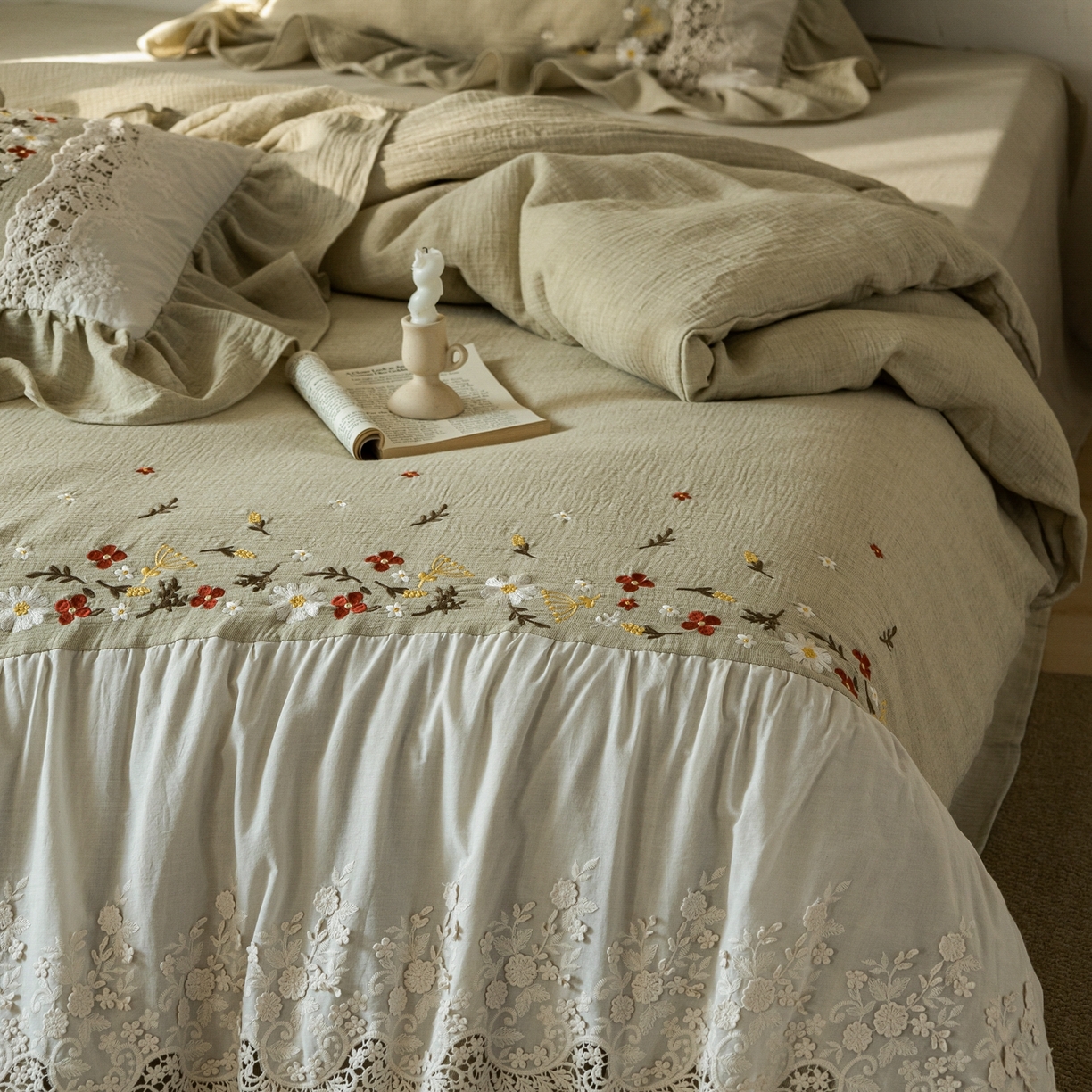 91家纺网 家纺一手货源 找家纺 觅糖家纺 2026春夏新款棉麻皱皱纱布毛巾绣四件套-清欢系列 清欢-绿