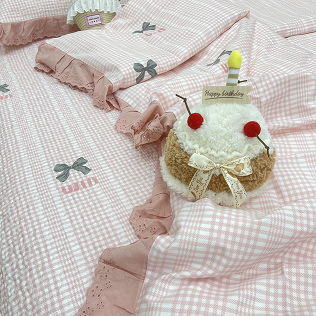 91家纺网 家纺一手货源 找家纺 禧瑞谷 2026新款法式纯棉床盖韩版花边床盖三件套四件套 缪格子蝴蝶结