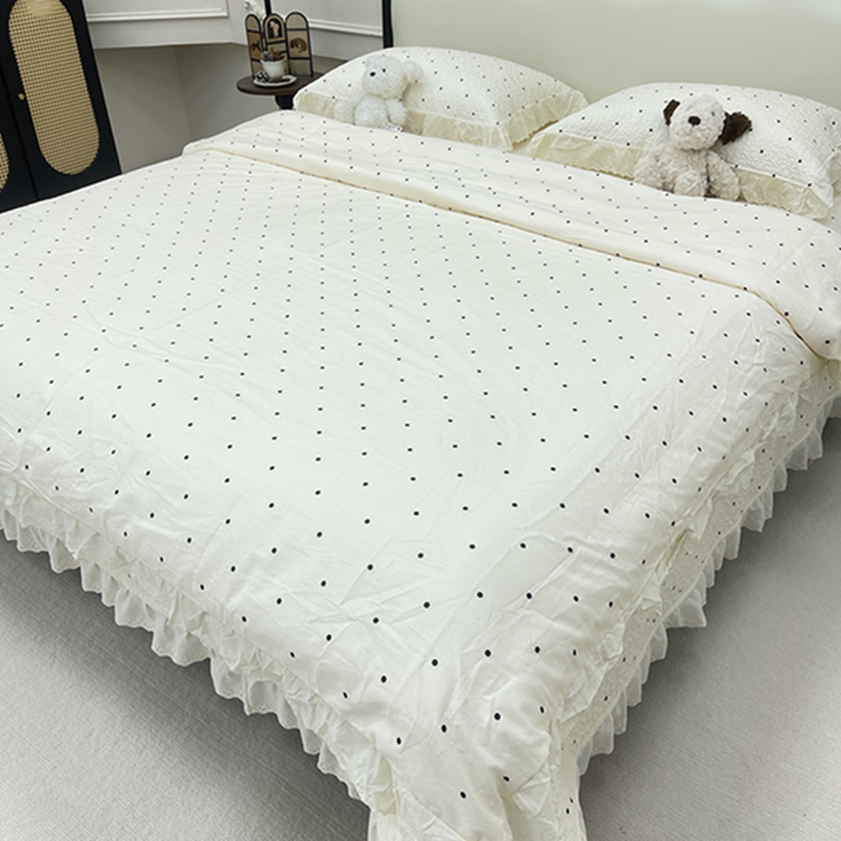 91家纺网 家纺一手货源 找家纺 禧瑞谷 2026新款法式纯棉床盖韩版花边床盖三件套四件套 奶茶波点