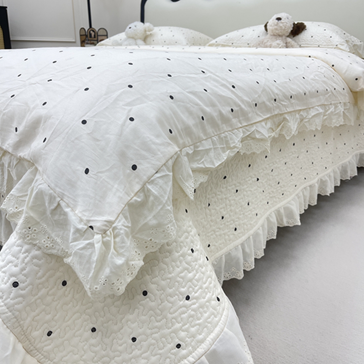 91家纺网 家纺一手货源 找家纺 禧瑞谷 2026新款法式纯棉床盖韩版花边床盖三件套四件套 奶茶波点