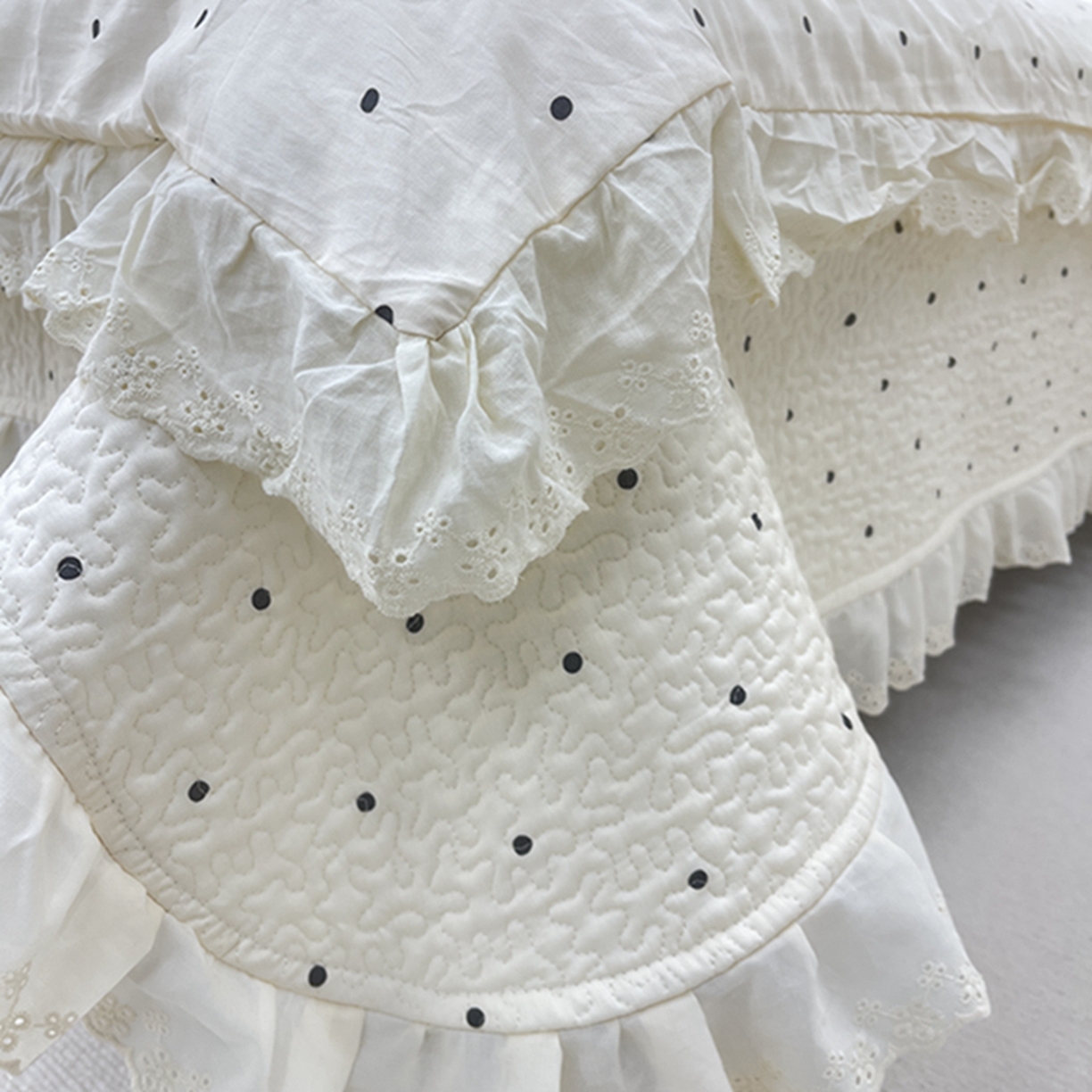 91家纺网 家纺一手货源 找家纺 禧瑞谷 2026新款法式纯棉床盖韩版花边床盖三件套四件套 奶茶波点