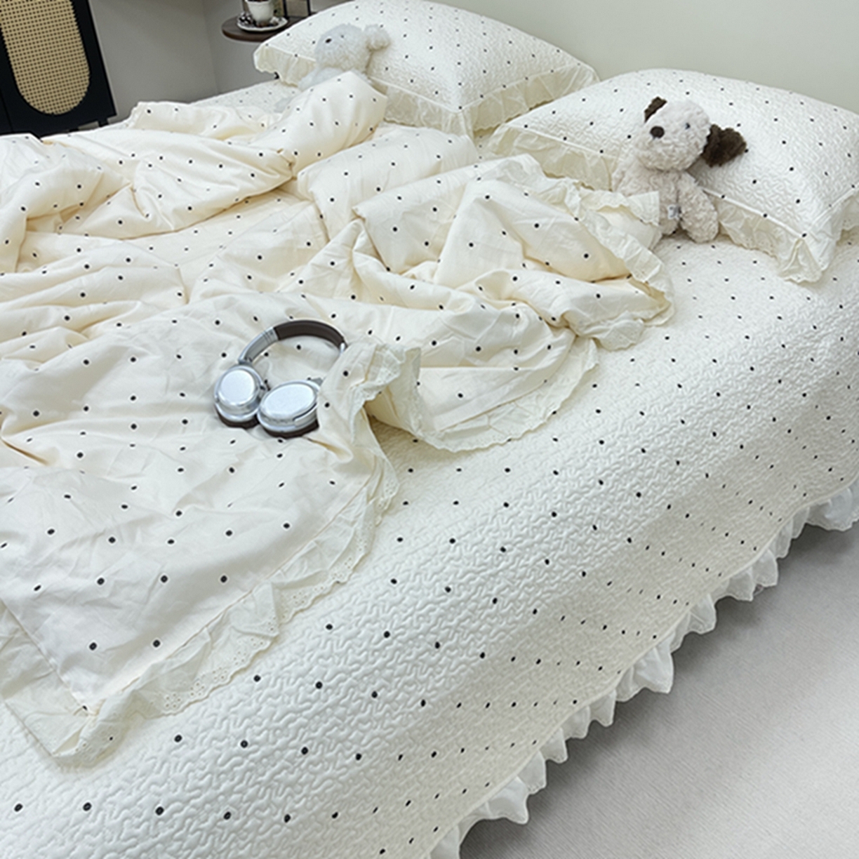 91家纺网 家纺一手货源 找家纺 禧瑞谷 2026新款法式纯棉床盖韩版花边床盖三件套四件套 奶茶波点