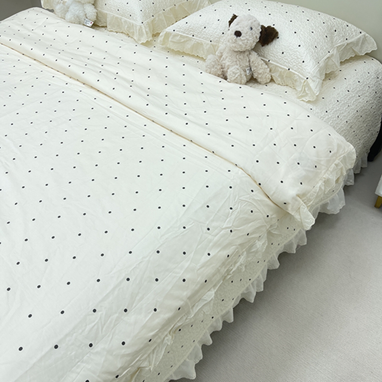 91家纺网 家纺一手货源 找家纺 禧瑞谷 2026新款法式纯棉床盖韩版花边床盖三件套四件套 奶茶波点