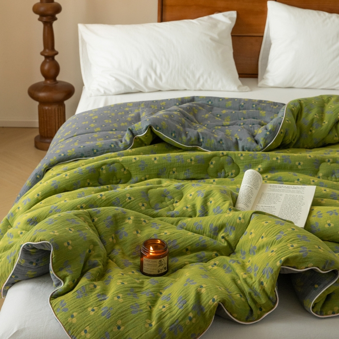 91家纺网 家纺一手货源 找家纺 睡棉坊 2026新款全棉色织提花双层纱夏被夏凉被空调被 诗画-绿