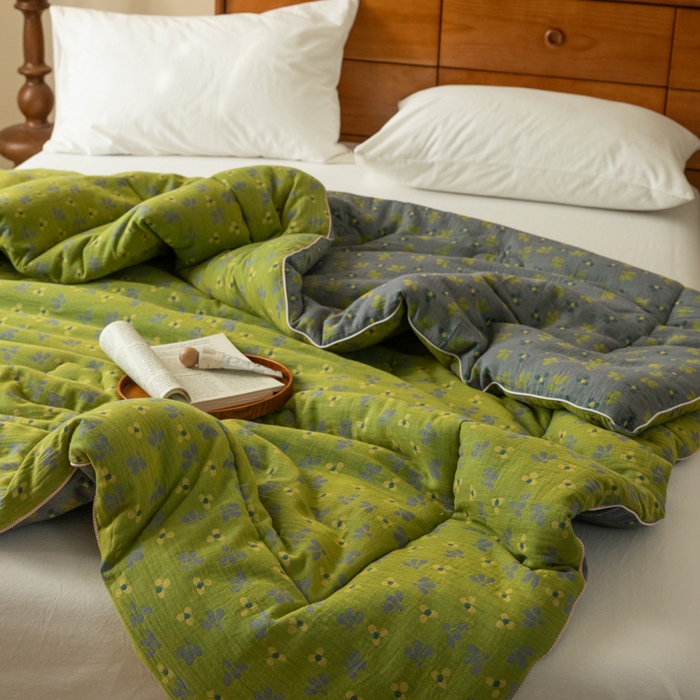 91家纺网 家纺一手货源 找家纺 睡棉坊 2026新款全棉色织提花双层纱夏被夏凉被空调被 诗画-绿