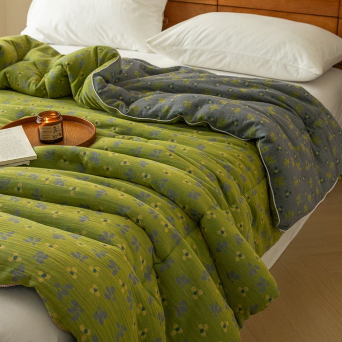 91家纺网 家纺一手货源 找家纺 睡棉坊 2026新款全棉色织提花双层纱夏被夏凉被空调被 诗画-绿