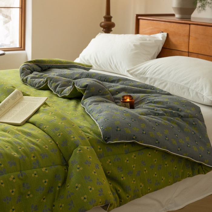 91家纺网 家纺一手货源 找家纺 睡棉坊 2026新款全棉色织提花双层纱夏被夏凉被空调被 诗画-绿