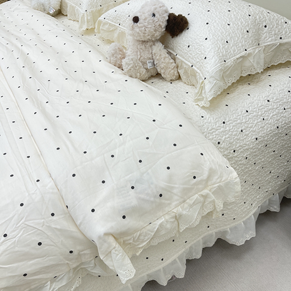 91家纺网 家纺一手货源 找家纺 禧瑞谷 2026新款法式纯棉床盖韩版花边床盖三件套四件套 奶茶波点