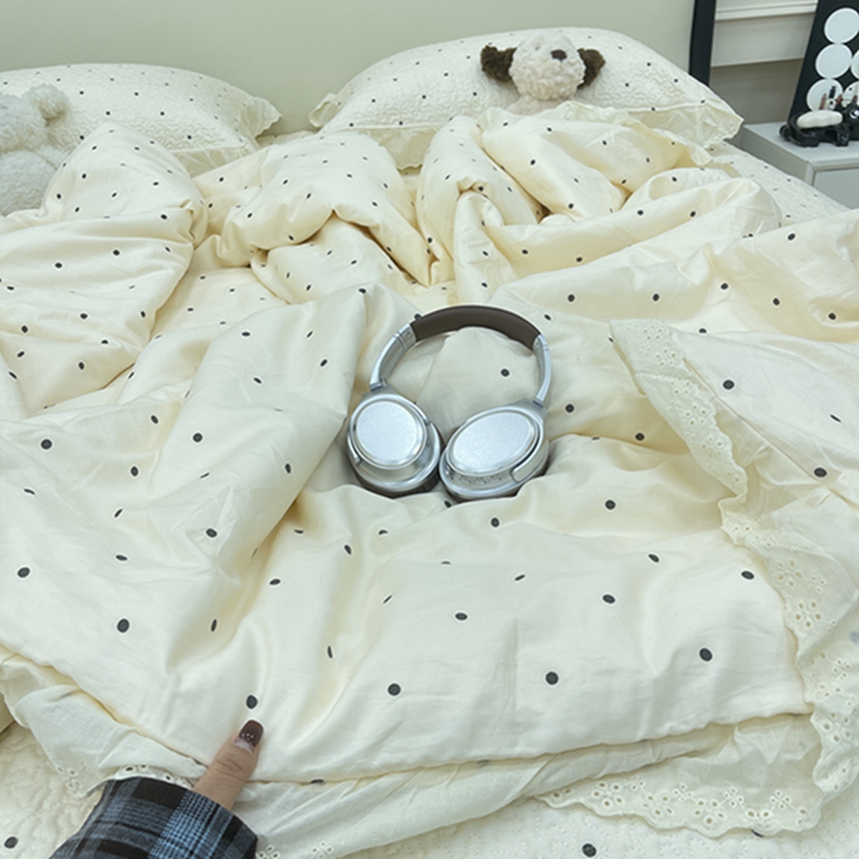 91家纺网 家纺一手货源 找家纺 禧瑞谷 2026新款法式纯棉床盖韩版花边床盖三件套四件套 奶茶波点