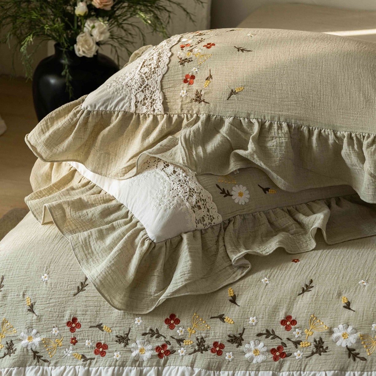 91家纺网 家纺一手货源 找家纺 觅糖家纺 2026春夏新款棉麻皱皱纱布毛巾绣四件套-清欢系列 清欢-绿