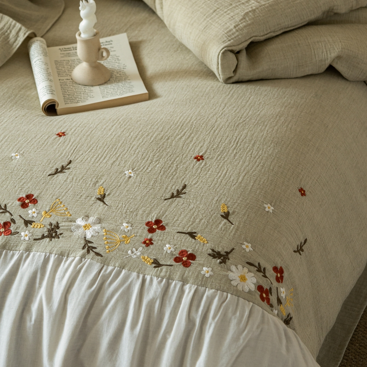 91家纺网 家纺一手货源 找家纺 （总）觅糖家纺 2026春夏新款棉麻皱皱纱布毛巾绣四件套-清欢系列